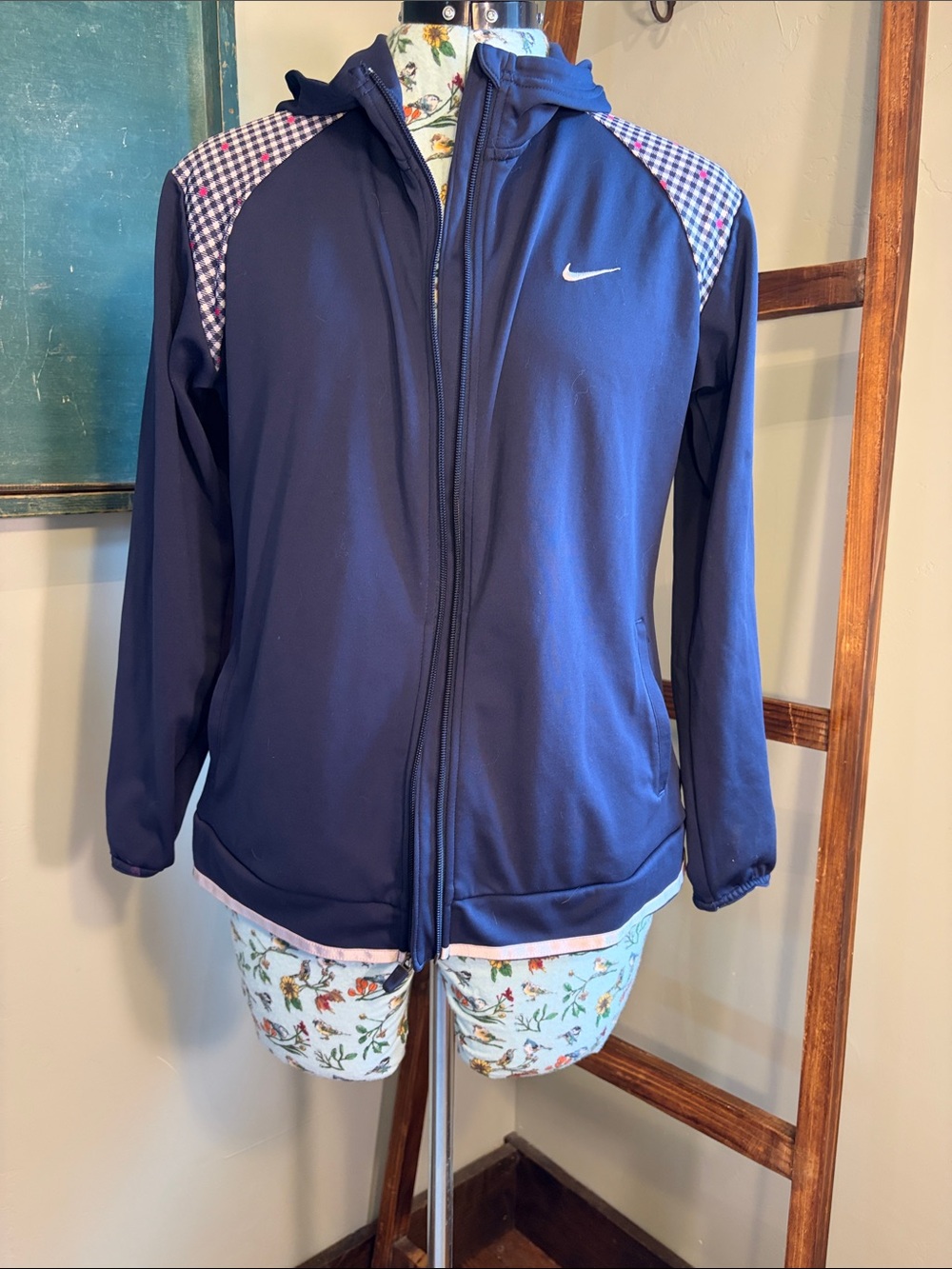 Nike Navy Zip Hoodie with Red & White Check Shoulder